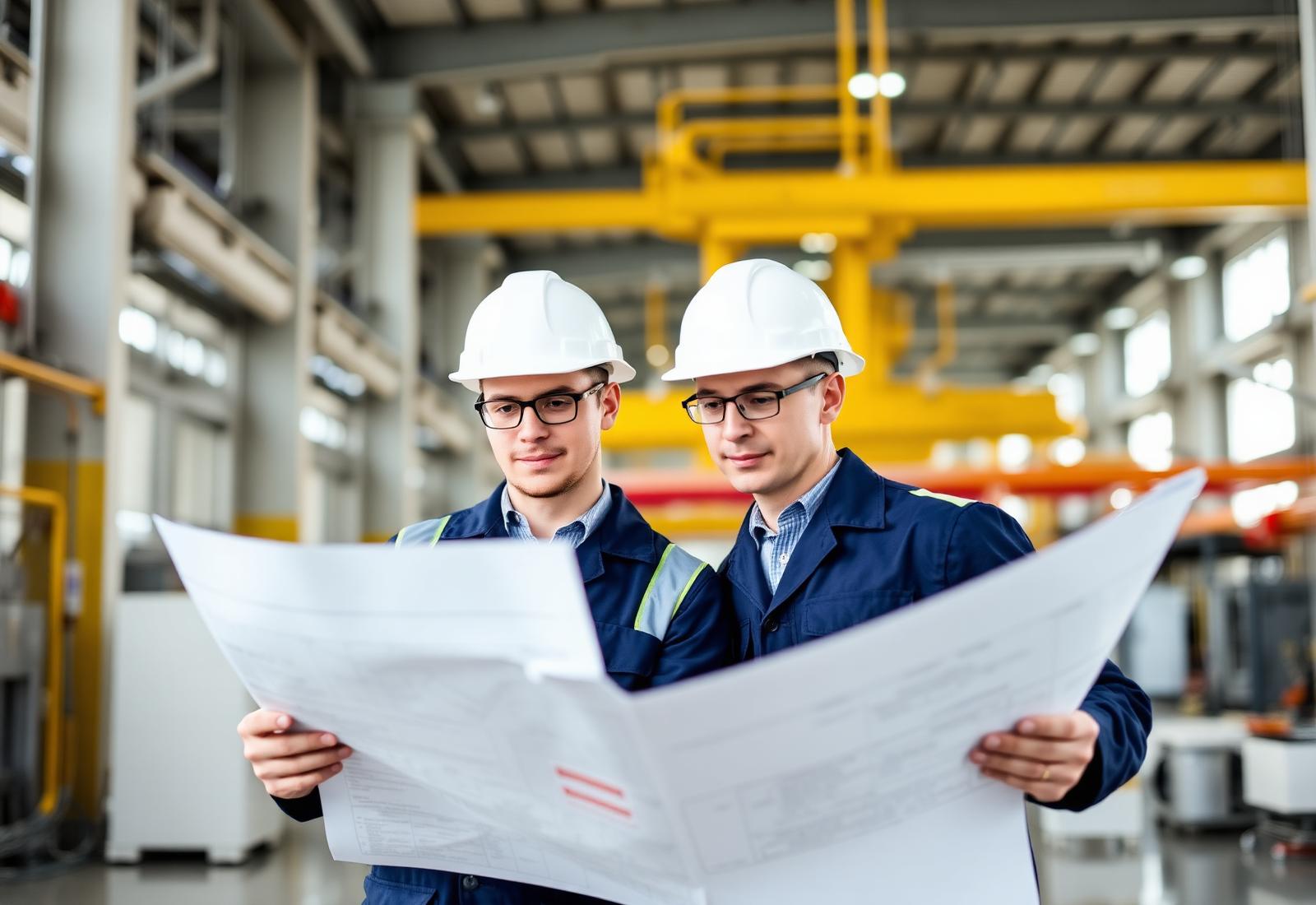 Two engineers reviewing technical drawings in a manufacturing facility
